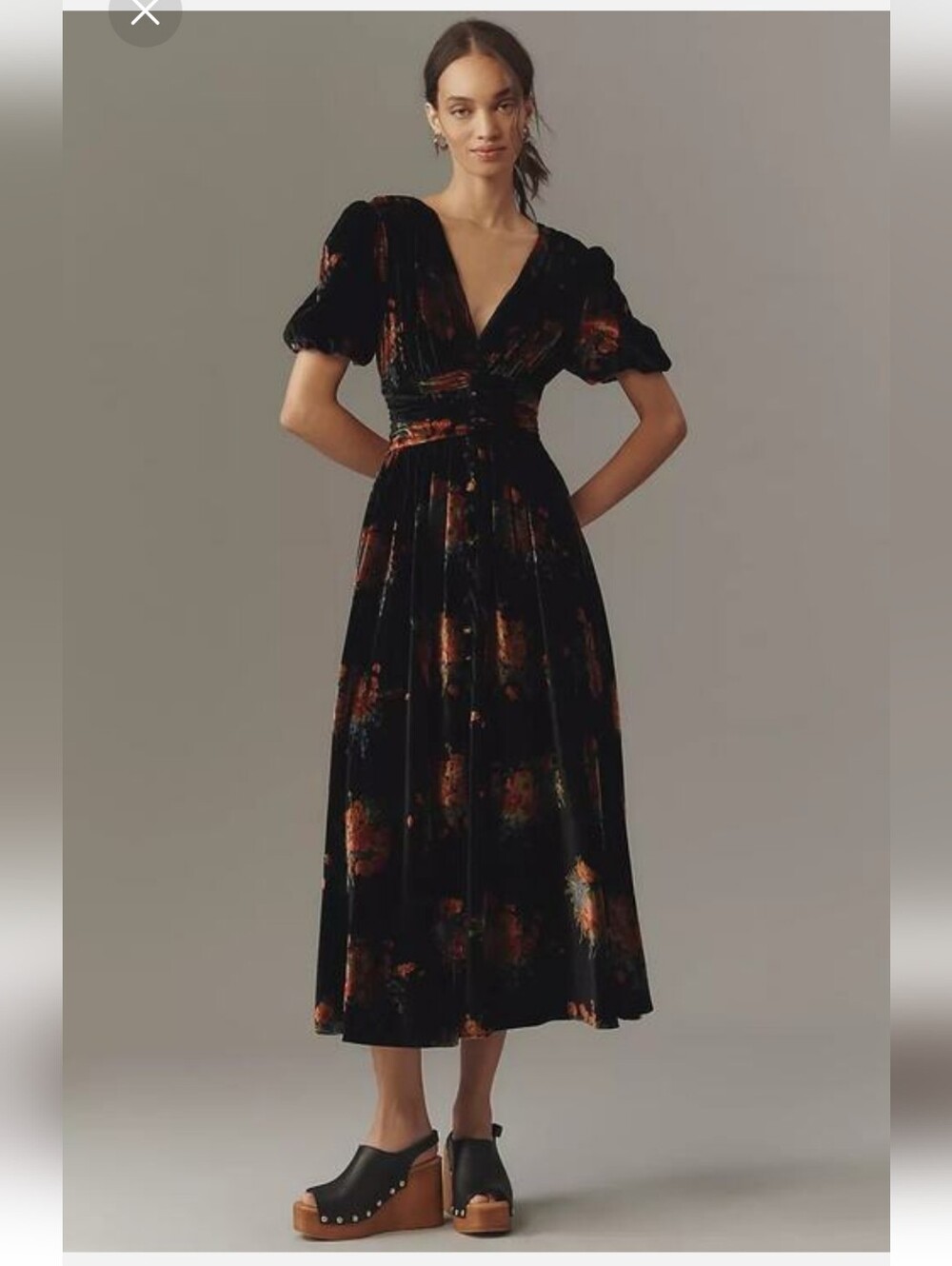 Anthropologie Katerina Black Velvet Floral Midi Dress with Puff Sleeves
